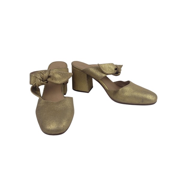 Madewell Shoes - Madewell The Zoe Bow Mule Gold Metallic Leather 3" Block Heel Women's Size 6